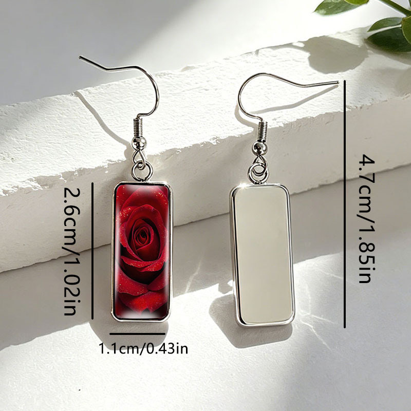 Deep Red Rose Stainless Steel Rectangular Drop Earrings
